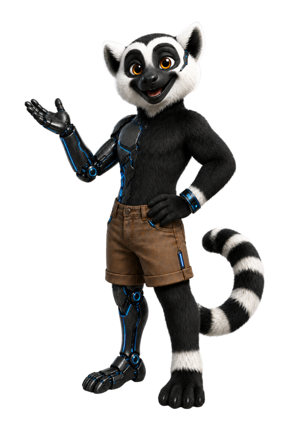 Mascote lêmure cyber apontando para conteúdo