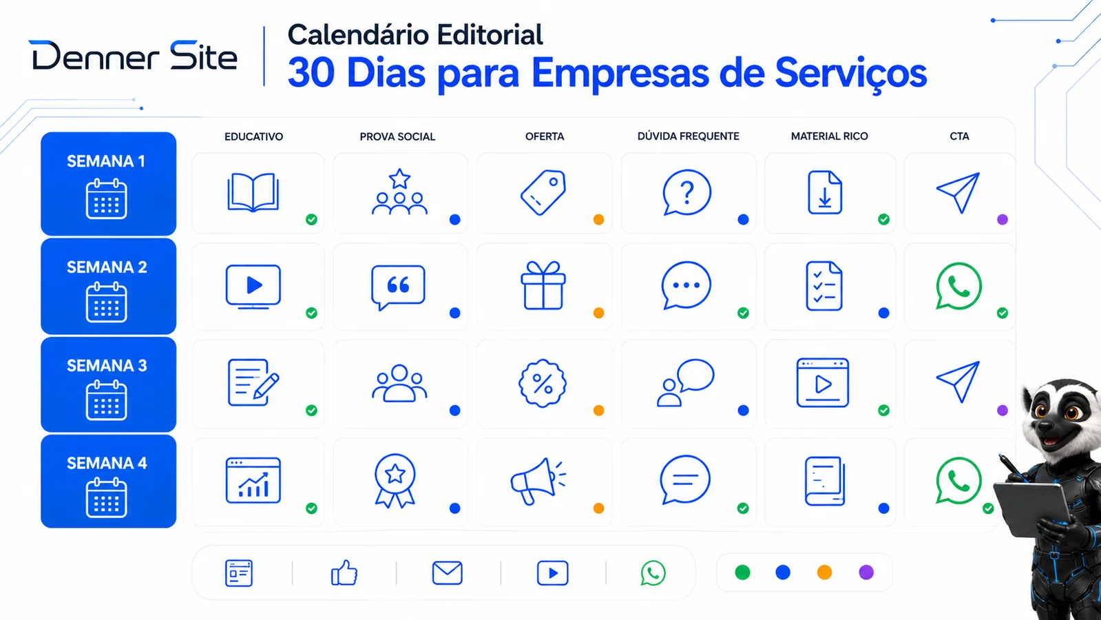 Exemplo visual de calendário editorial de 30 dias para empresa de serviços.