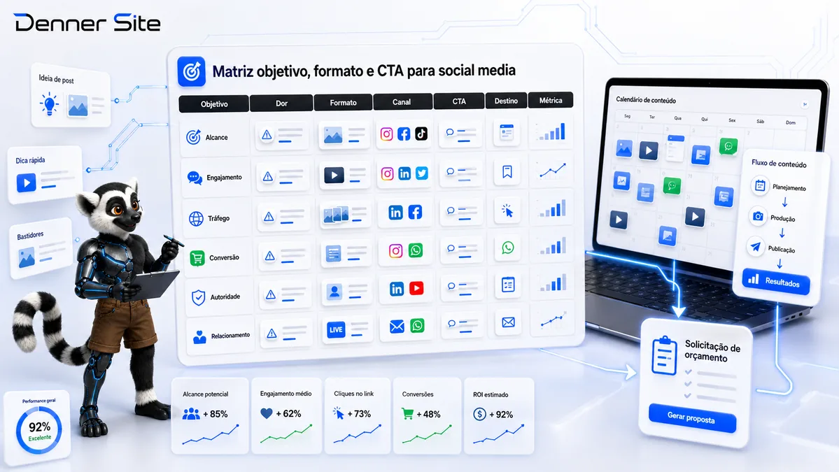 Prévia da matriz objetivo, formato e CTA para social media.