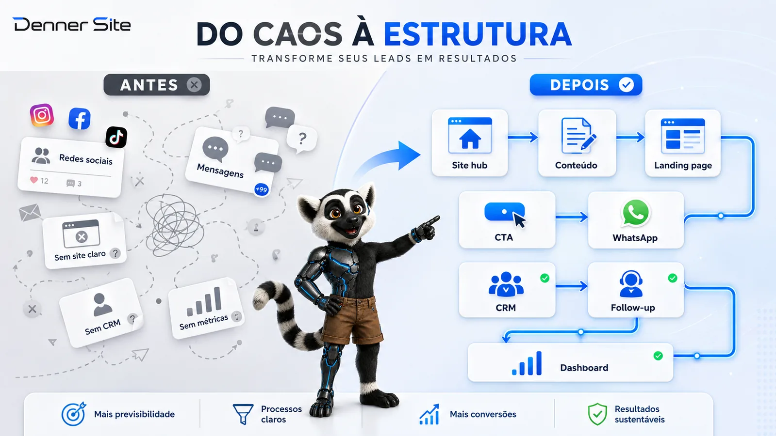 Before-after de uma operação dependente de redes sociais para um funil próprio de captação.
