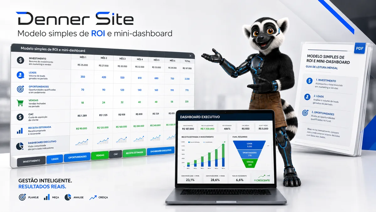 Prévia do modelo simples de ROI e mini-dashboard executivo.